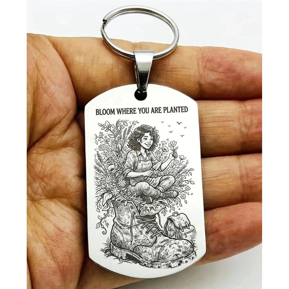 Bloom Plant Happy Life Work Hard Reminder Stainless Keychain Happy Flower Art